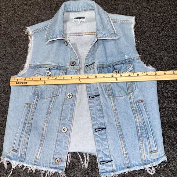 Umgee Denim Vest Womens Small Blue Light Wash Sleeveless Frayed Hem Button Front - Picture 8 of 8